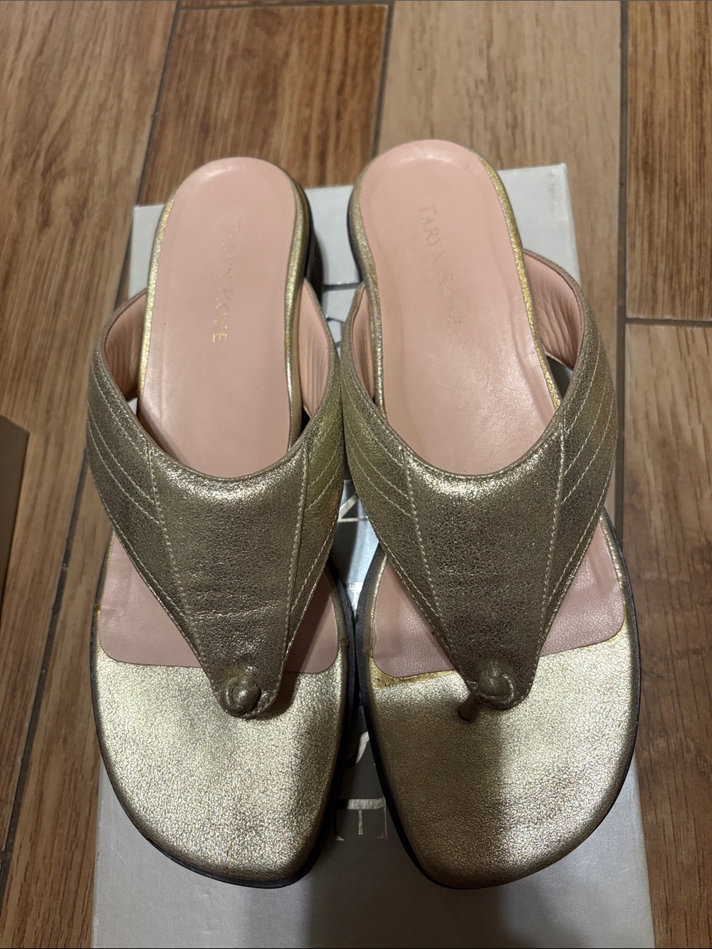 Taryn Rose Metallic Gold Thong Mules with Pink Insole